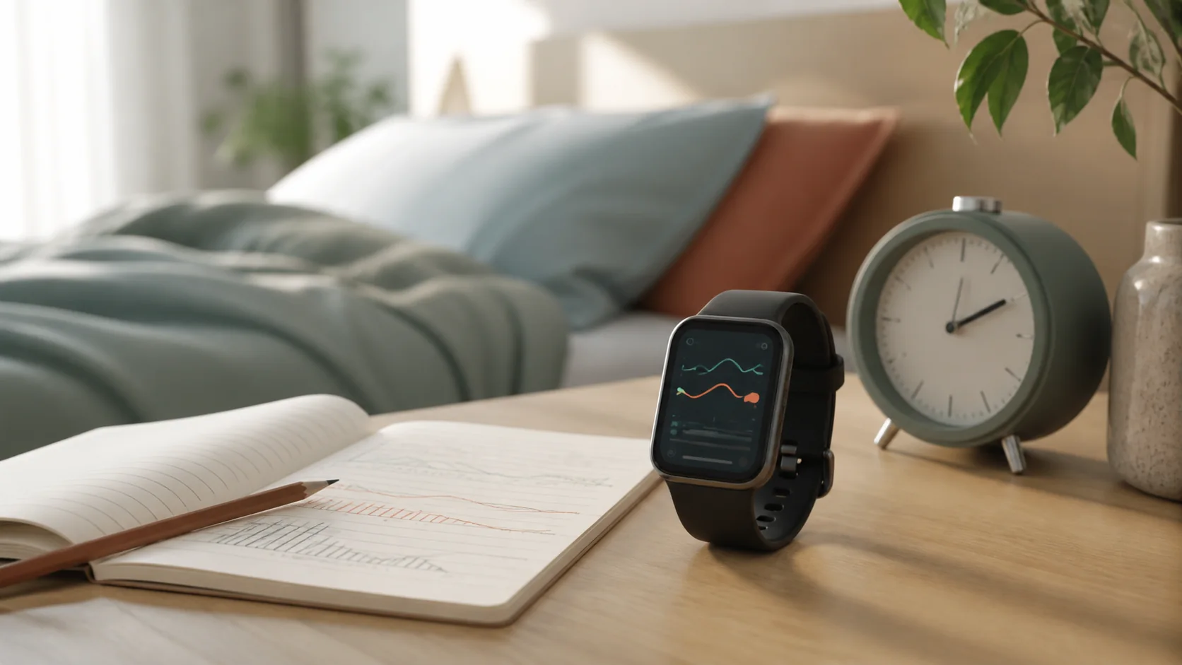 Reloj inteligente genérico junto a un cuaderno de sueño y una cama al fondo