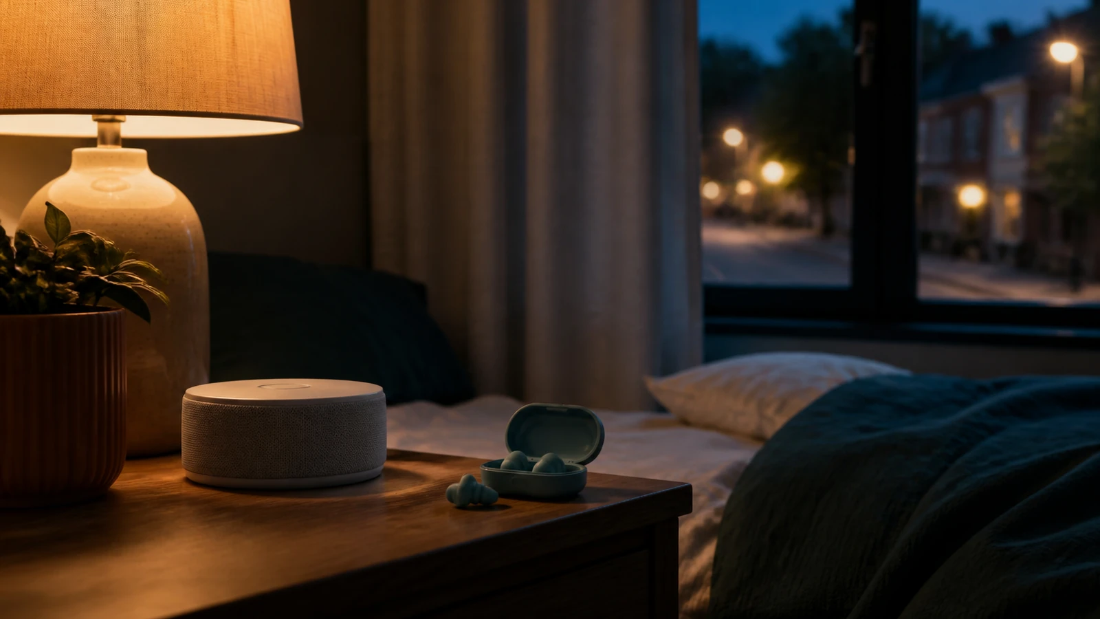 Dormitorio tranquilo con tapones, altavoz pequeño y reloj sobre una mesilla