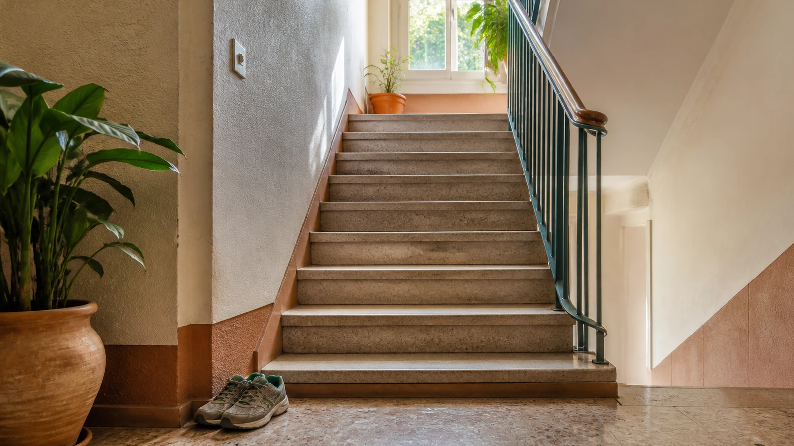 Escalera interior luminosa con peldaños anchos y una barandilla de madera