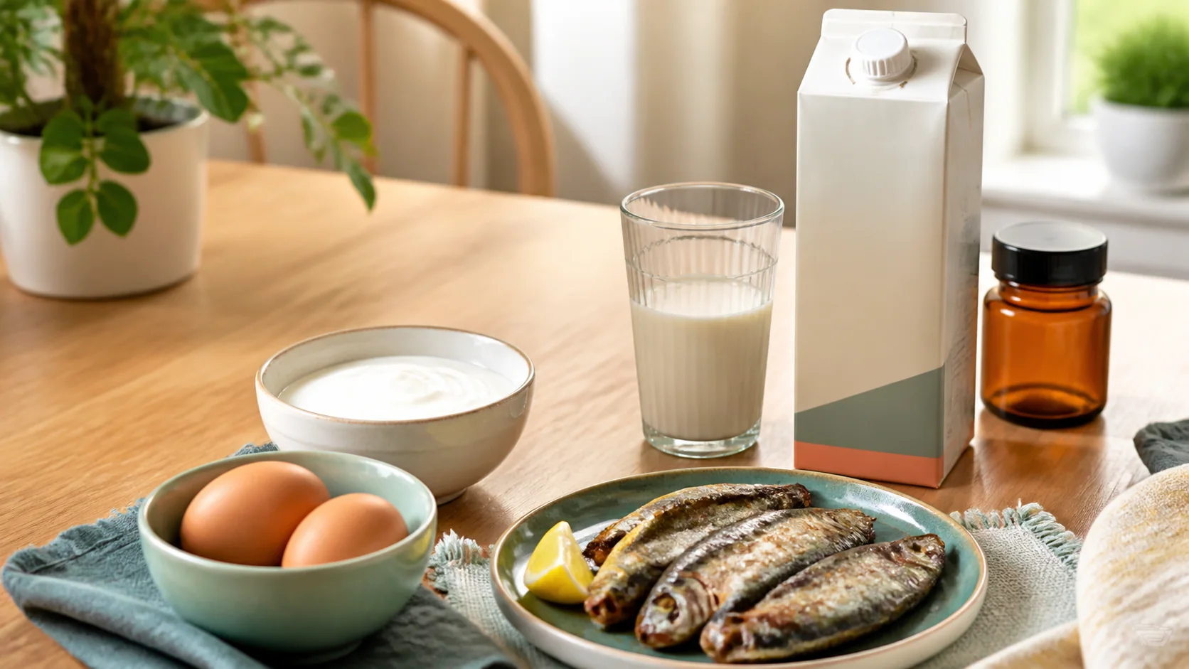 Mesa con huevos, yogur, pescado y una bebida vegetal con envase genérico junto a un frasco cerrado
