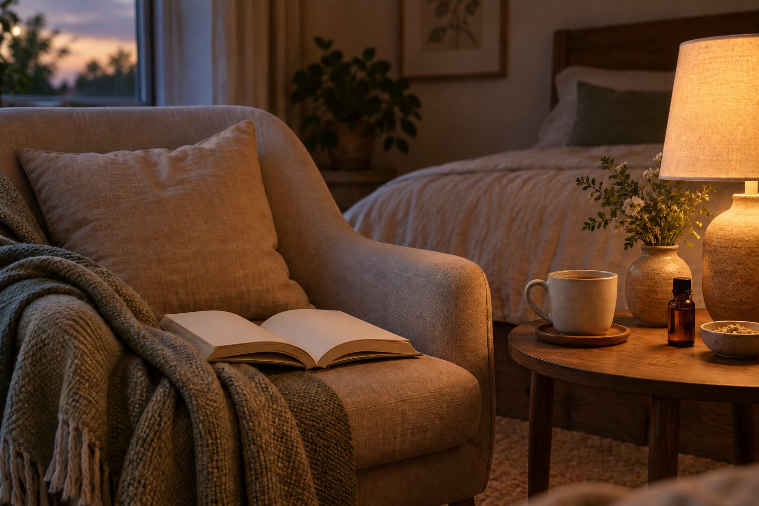 Rincón de lectura nocturna con sillón, lámpara cálida, libro abierto y taza sobre una mesa