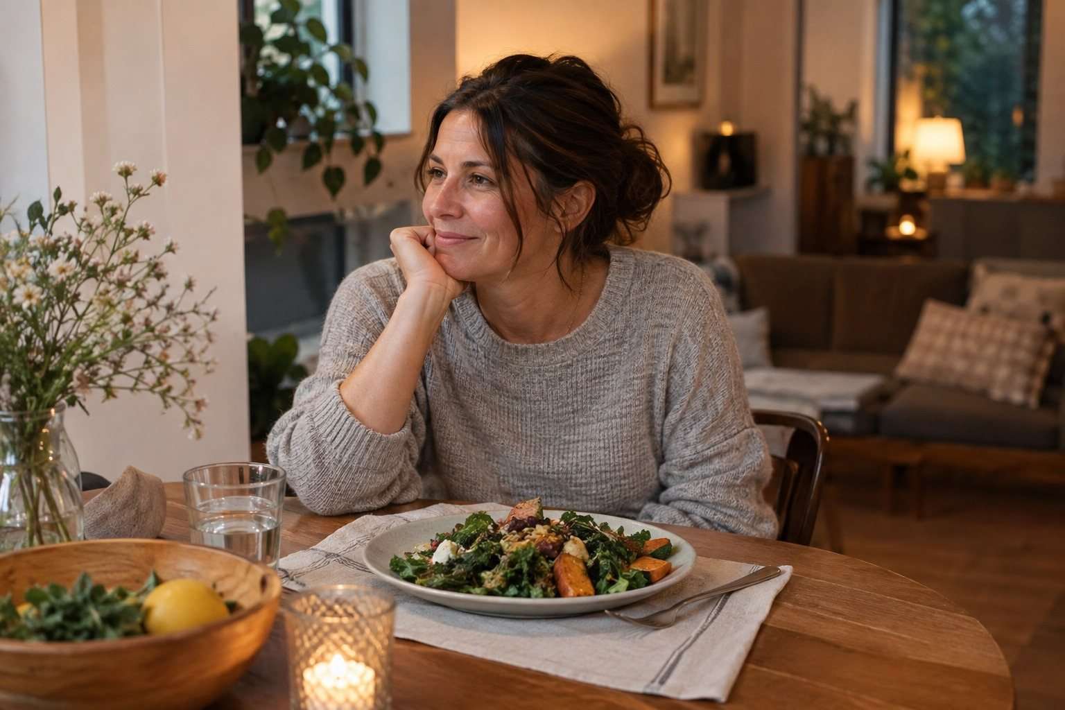 Mujer sentada tranquilamente ante una cena casera en una mesa luminosa.