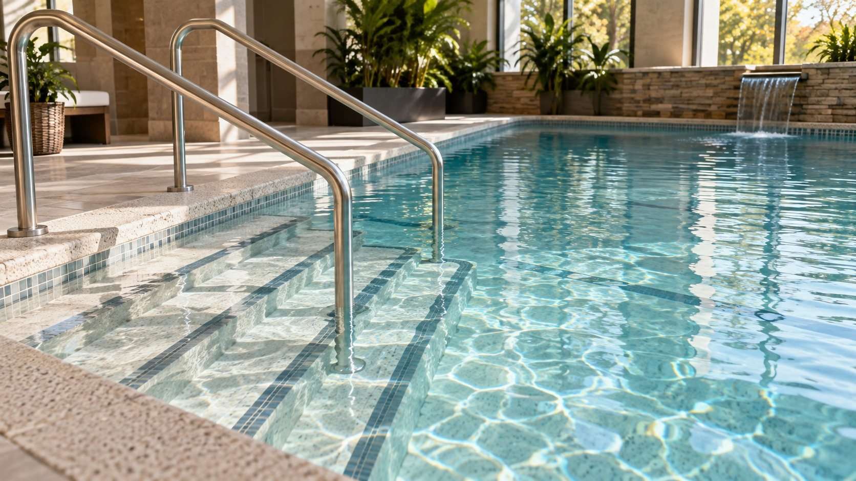 Escalera de acceso con pasamanos en una zona tranquila de piscina.