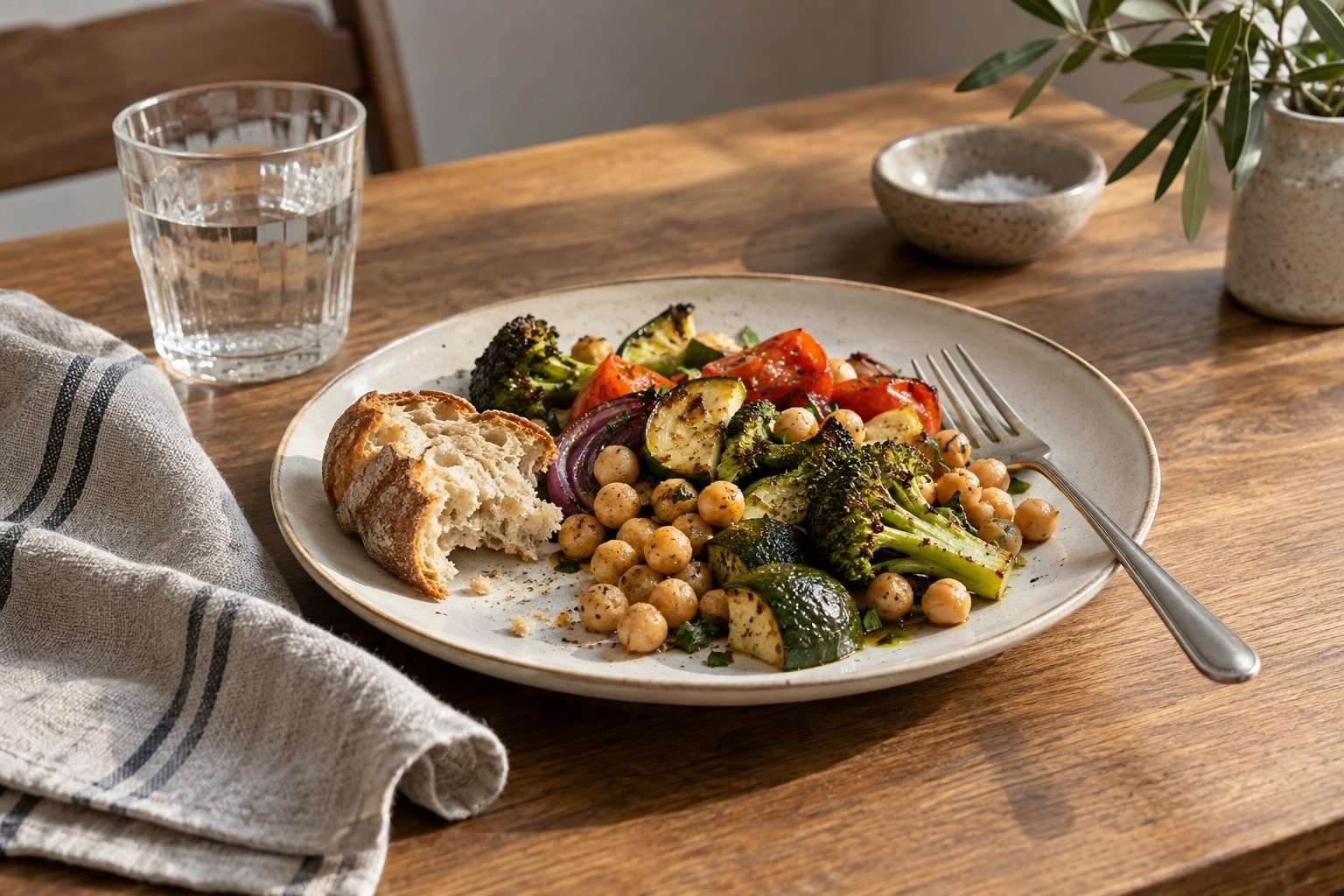 Plato de garbanzos y verduras con pan y un vaso de agua sobre una mesa despejada.
